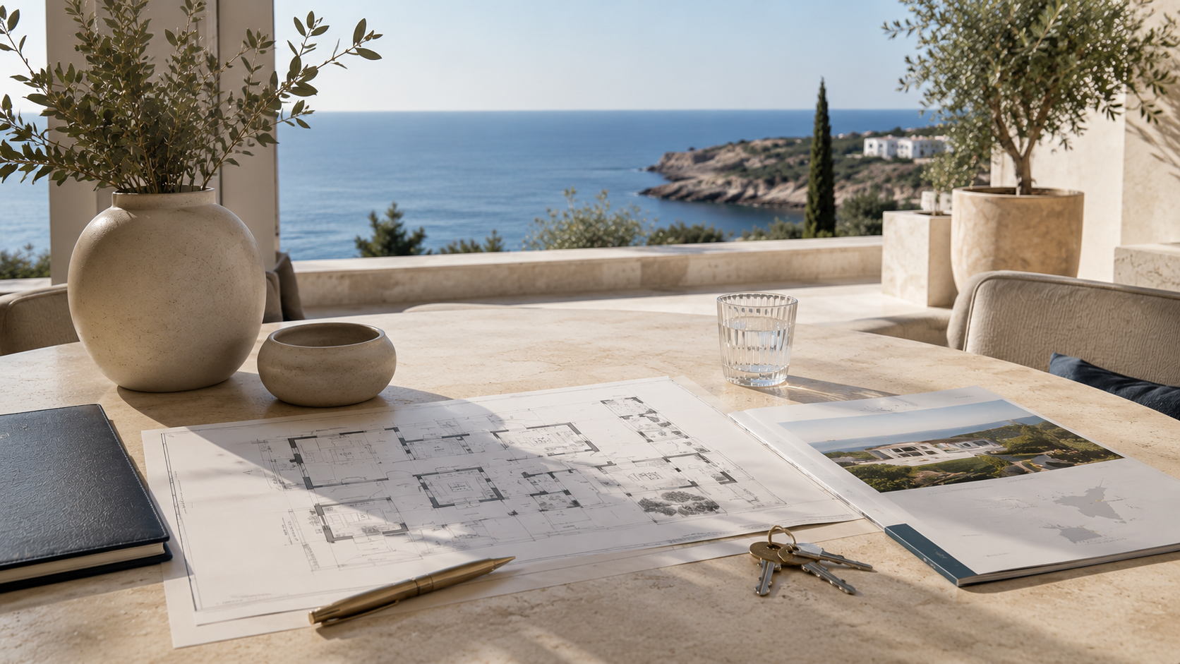 Cyprus property documents, keys and architectural plans overlooking the Mediterranean coast.